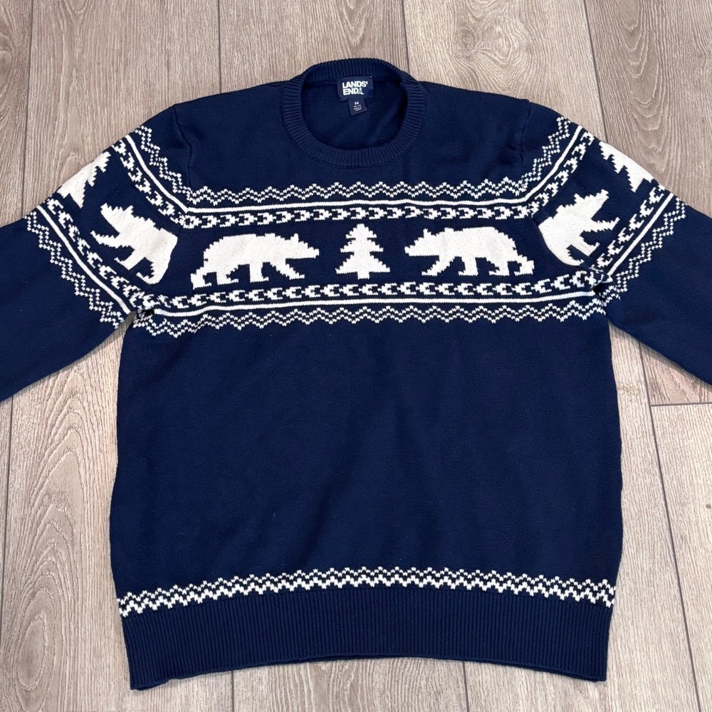 Lands End Sweater Mens Medium Blue Polar Bear Fair Isle Crewneck Casual Preppy